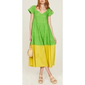 Donna Morgan Green & Yellow Tiered Cotton Maxi Dress Size 6 Vibrant & Chic
